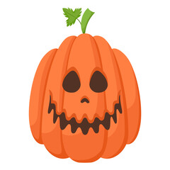 Spooky Halloween pumpkin with angry face expression. Vector illustration of cartoon character. Hand drawn colorful autumn pumpkin isolated on white background.