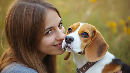 Charming young woman playing with beagle dog on green field