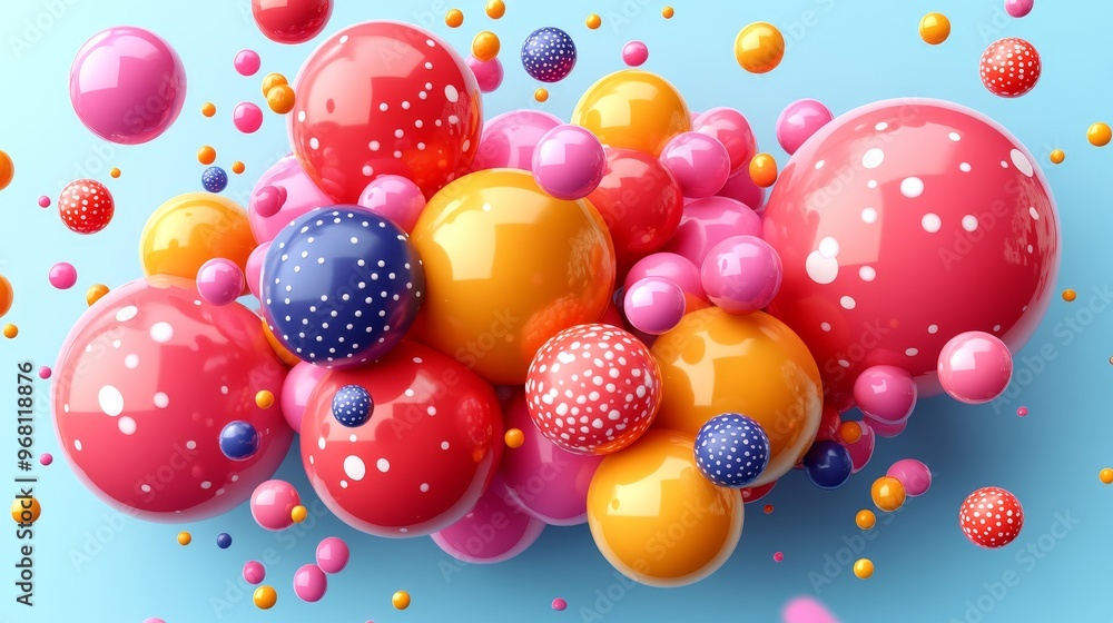Poster colorful spheres in a playful arrangement, creating a vibrant and dynamic abstract design against a 