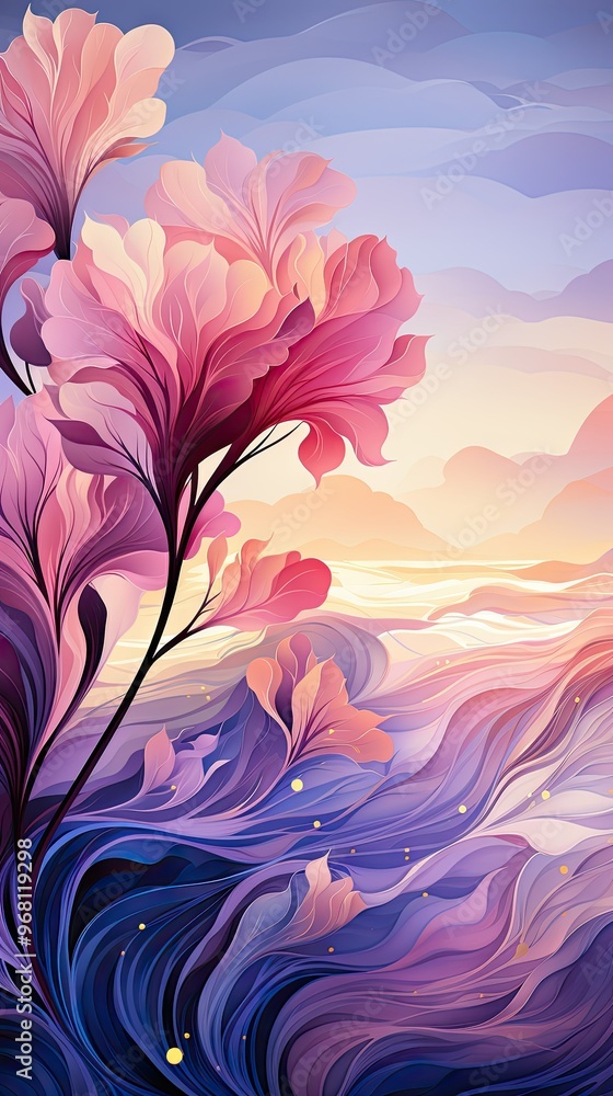 Poster pink flowers in a dreamlike setting