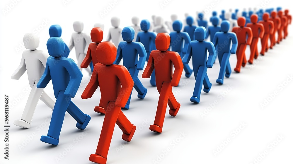 Poster dynamic scene of stylized figures in red, blue, and white marching together, symbolizing unity and d