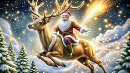 Santa Claus joyfully riding a reindeer through a snowy night sky with a comet in the background 