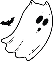 Traditional Halloween symbols: ghosts, ghost cat, pumpkin, witch hat, potion, candles, spider, cobweb, night. Drawn vector isolated on white, doodle. Set of Halloween stickers, icons. Festive mood.