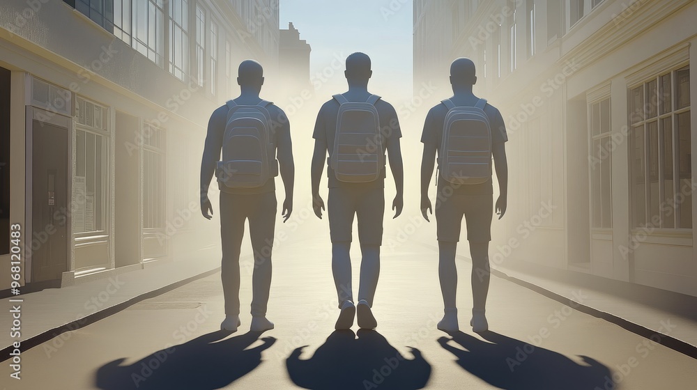 Poster three silhouettes stand in a misty street, creating a mysterious atmosphere in soft light, symbolizi