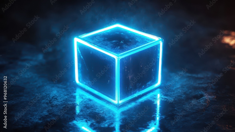 Poster glowing cube with reflection
