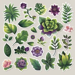 A sticker sheet with a botanical theme, featuring different types of leaves, flowers, and succulents