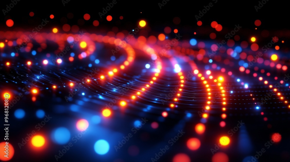 Poster vibrant abstract image showcasing glowing dots in an elegant wave pattern. perfect for technology an