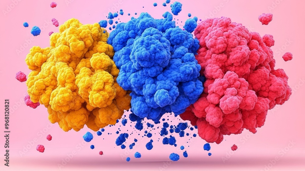 Aufkleber vibrant abstract explosion featuring colorful clouds of yellow, blue, and red against a soft pink ba