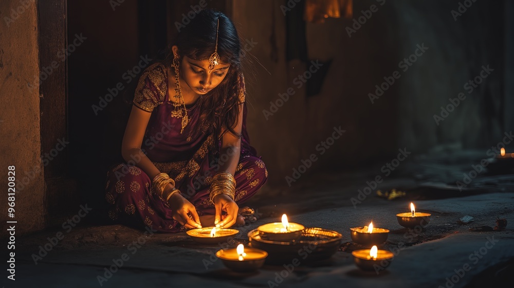 Wall mural Young Girl Lighting Diyas During Diwali Festival