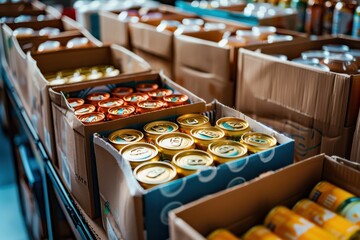 Rows of cardboard boxes filled with various packaged food and canned goods, neatly organized in a distribution center.