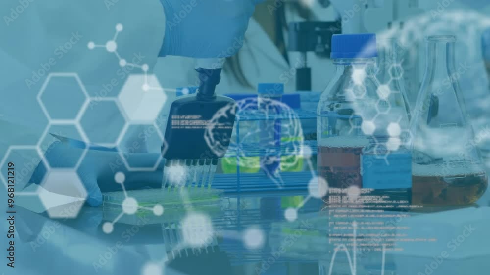 Poster animation of chemical formula and data processing over scientists doing experiment