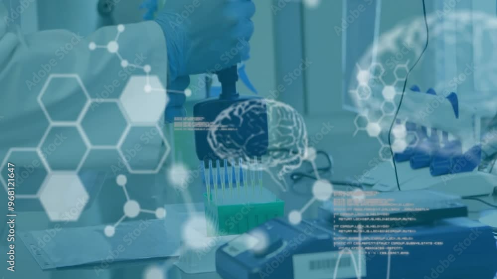Poster animation of chemical formula and data processing over scientist doing experiment