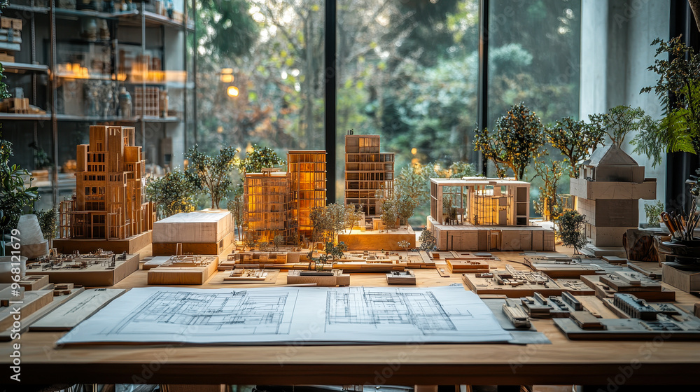Poster architect's desk with blueprints and building models depicting creative construction process, workst