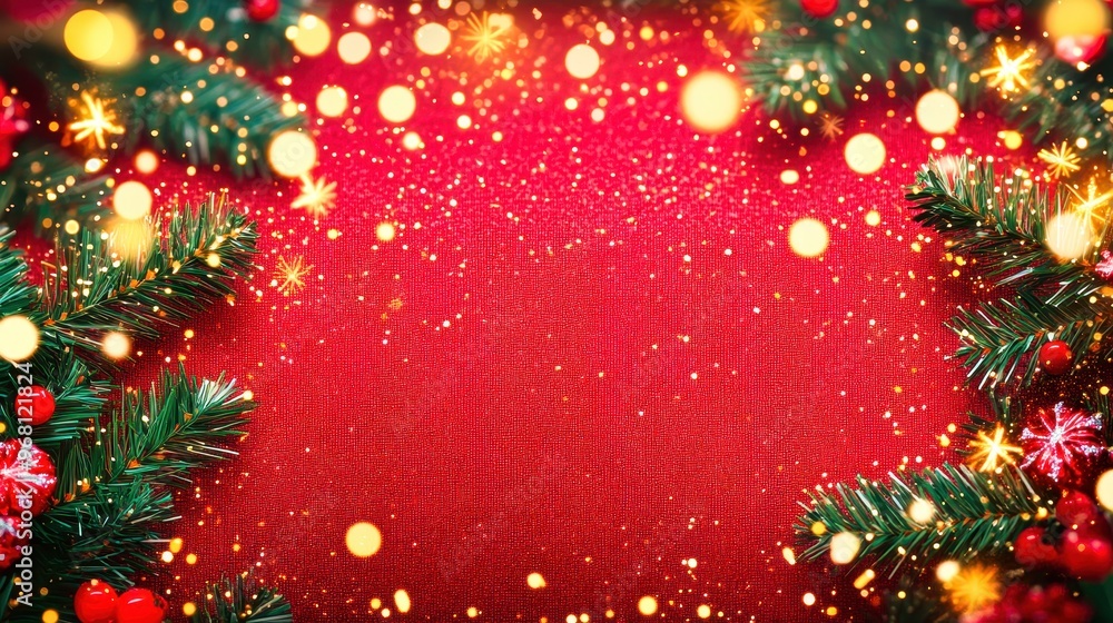 Wall mural christmas fir tree branches on red background with sparkling lights