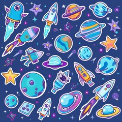 A sticker sheet featuring a variety of space-themed icons, including planets, rockets, stars, and astronauts