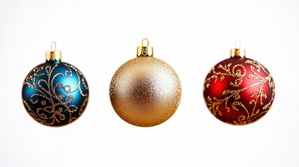 Three christmas baubles hanging with golden bokeh lights in background
