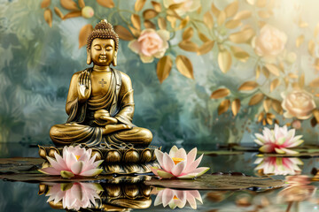 Fototapeta premium A statue of Buddha is sitting on a lotus flower in a pond.