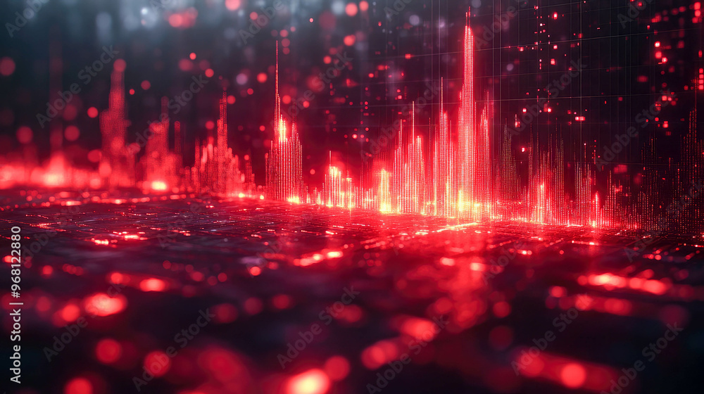 Poster red glowing digital bars rising from a grid, representing a futuristic data visualization or stock m