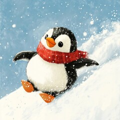 A cute penguin wearing a red scarf sliding down a snowy hill, surrounded by falling snowflakes.