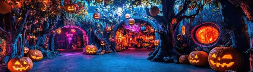 Creative kids' entertainment with Halloween-themed games, showcasing activities such as ghost piÃ±ata smashing, spooky craft stations, and pumpkin painting, surrounded by a whimsical, playful backdrop