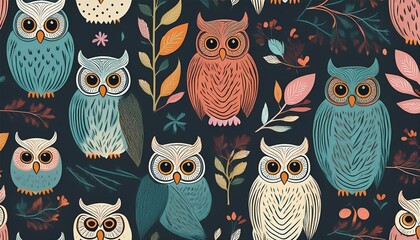 Owl Motifs- Illustrated seamless patterns featuring owls, branches, and other woodland elements, for textiles, home decor, or stationery
