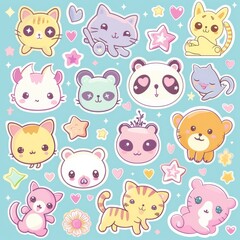 Obraz premium A sticker sheet featuring a variety of cute animals, including cats, pandas, and sloths