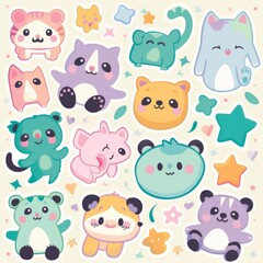 A sticker sheet featuring a variety of cute animals, including cats, pandas, and sloths