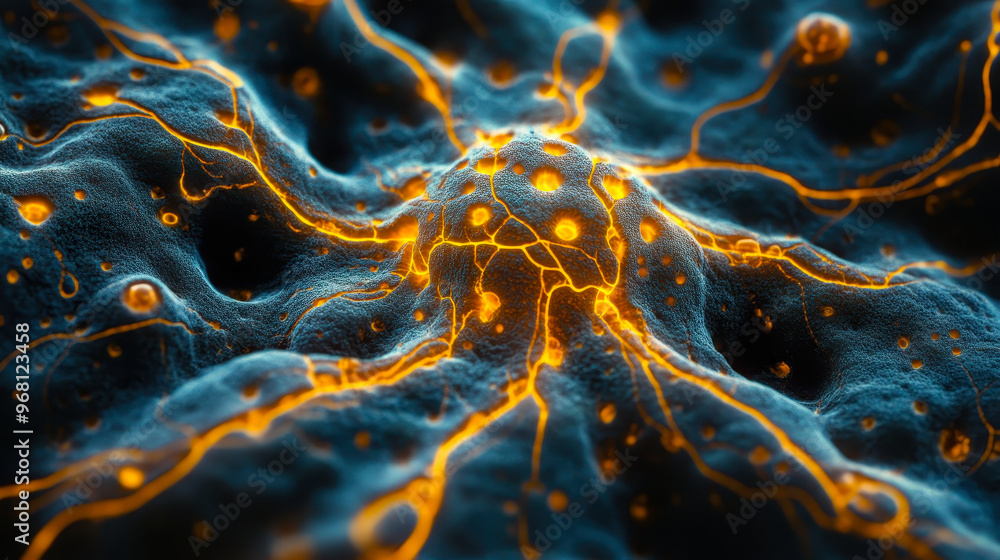 Poster detailed closeup of isolated neural cell with intricate patterns and yellow outlines showcasing nerv