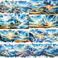 Watercolor splash style landscapes. AI generated illustration