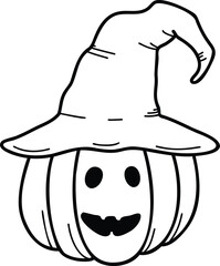 Traditional Halloween symbols: ghosts, ghost cat, pumpkin, witch hat, potion, candles, spider, cobweb, night. Drawn vector isolated on white, doodle. Set of Halloween stickers, icons. Festive mood.