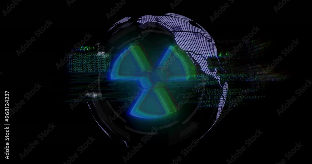 Aufkleber animation of nuclear symbol and globe over data processing