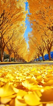 Golden ginkgo biloba trees canopy framing a path covered with yellow leaves