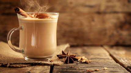 A steaming chai tea latte with a cinnamon stick and star anise floating on top, served in a glass mug. The background is a rustic kitchen with wooden beams and warm lighting.