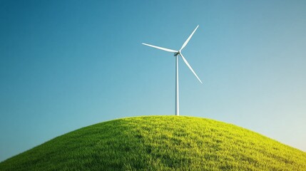 Fototapeta premium Single wind turbine on a grassy hill with a blue sky, representing renewable energy and sustainability. Perfect for environmental projects, clean energy concepts, and eco-friendly campaigns.