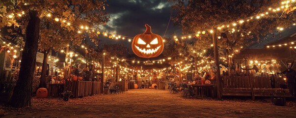 Fototapeta premium Fun DIY Halloween event ideas for kids, including craft stations for making haunted masks, DIY witch hat ring toss, and spooky scavenger hunts, surrounded by eerie lighting and festive party decor.