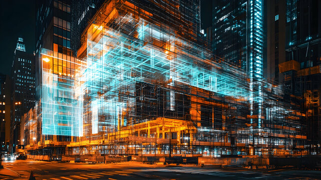 Fototapeta Futuristic architectural design projection overlay on a city block under construction at night