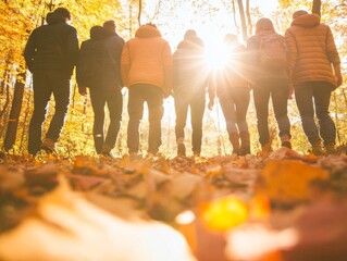 Friends Enjoying an Autumn Walk in a Sunlit Forest - Vibrant Fall Colors and Joyful Adventure