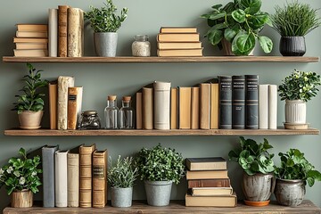 Stylish bookshelf with potted plants and vintage books in modern living space