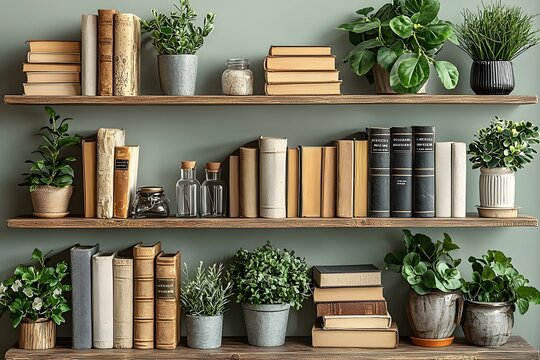 Stylish bookshelf with potted plants and vintage books in modern living space