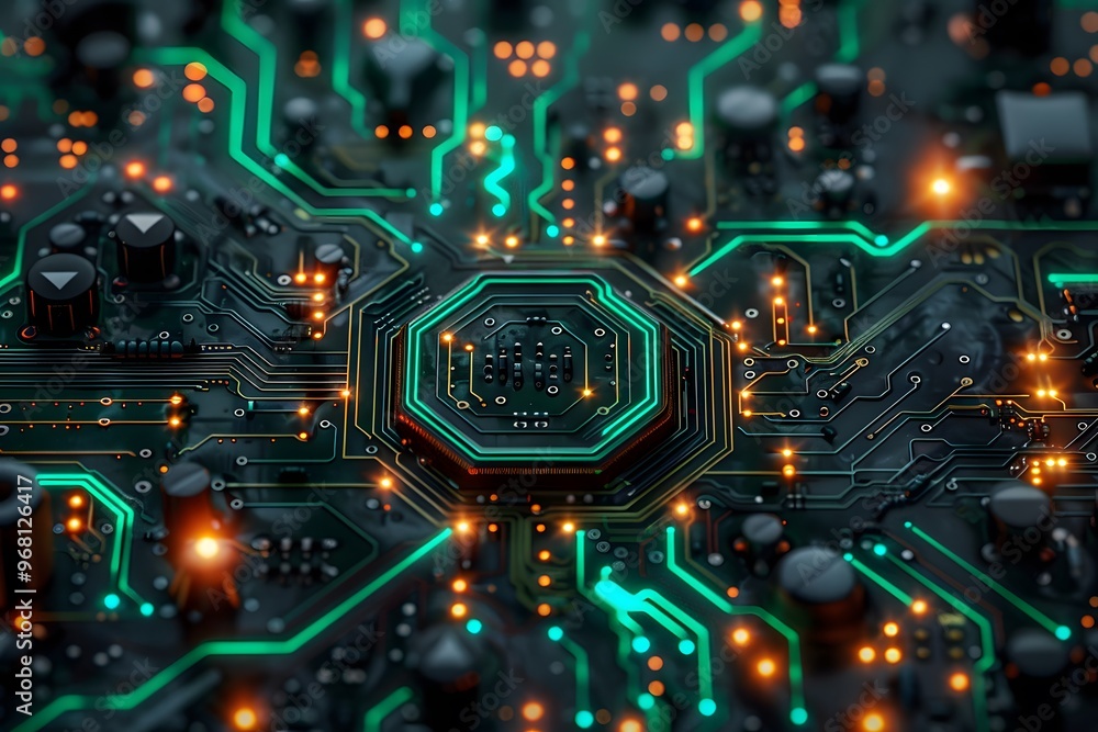 Poster intricate circuit board design with glowing elements