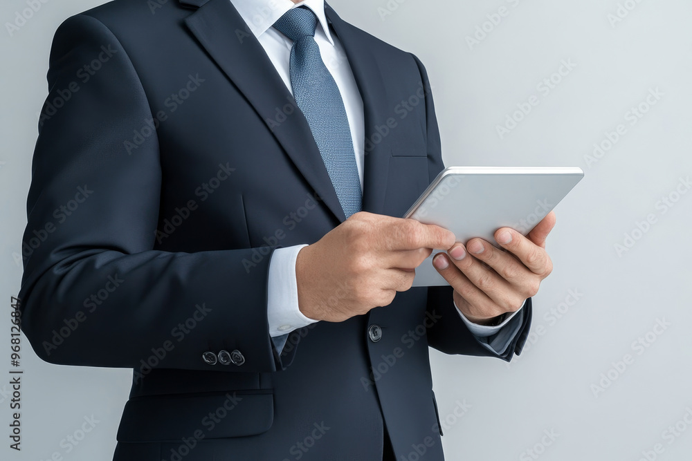 Poster a businessman in a suit is using a digital tablet. he is standing in a professional setting and the 