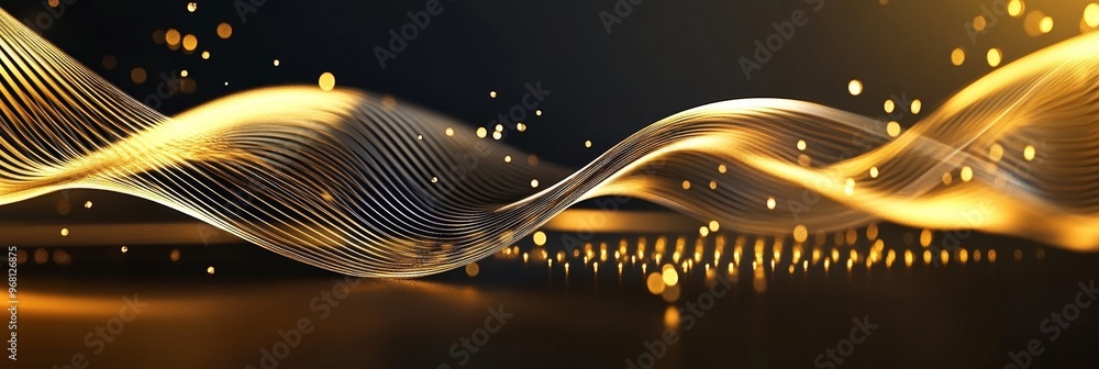 Poster a captivating abstract image featuring a flowing golden digital wave with sparkling particles agains