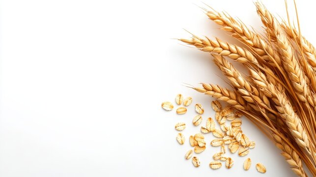 A bunch of golden oat spikes with scattered oat flakes arranged on a white background. This image represents the natural goodness of oats, their use as a healthy grain, and the beauty of nature's boun