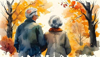 Elderly Couple Embracing the Season of Autumn Amidst Natures Vibrant Colors of Love and Companionship