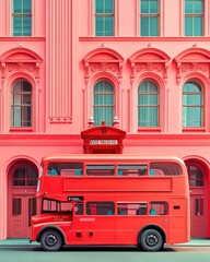 Red double decker bus passing a pink building in london