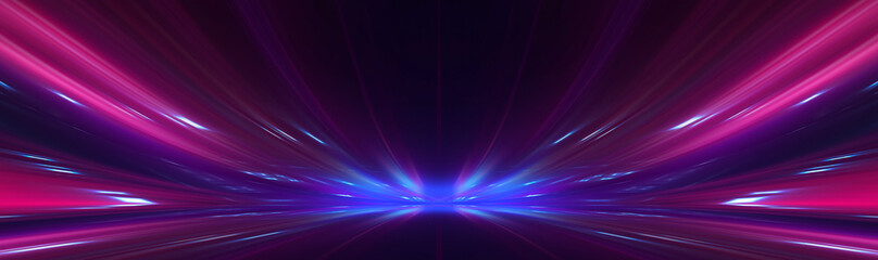 Empty neon studio stage, rays, horizon.