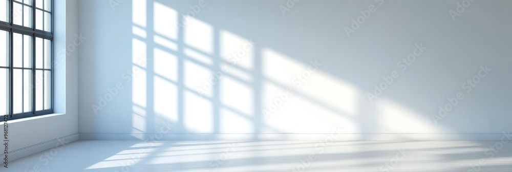 Poster a clean, modern empty room with white walls and a large window letting in sunlight, creating a brigh