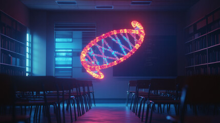 Obraz premium A glowing, 3D image of DNA strands appears in an empty classroom, highlighting the exciting possibilities of biotechnology and genetic research.