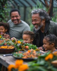 a multi-generational family gathered in a backyard, laughing and enjoying a meal together