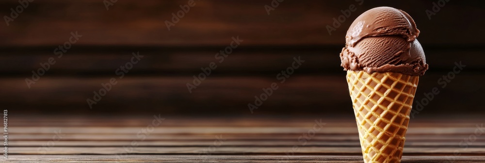 Poster a close-up of a chocolate ice cream cone on a rustic wooden background. the ice cream is melting sli